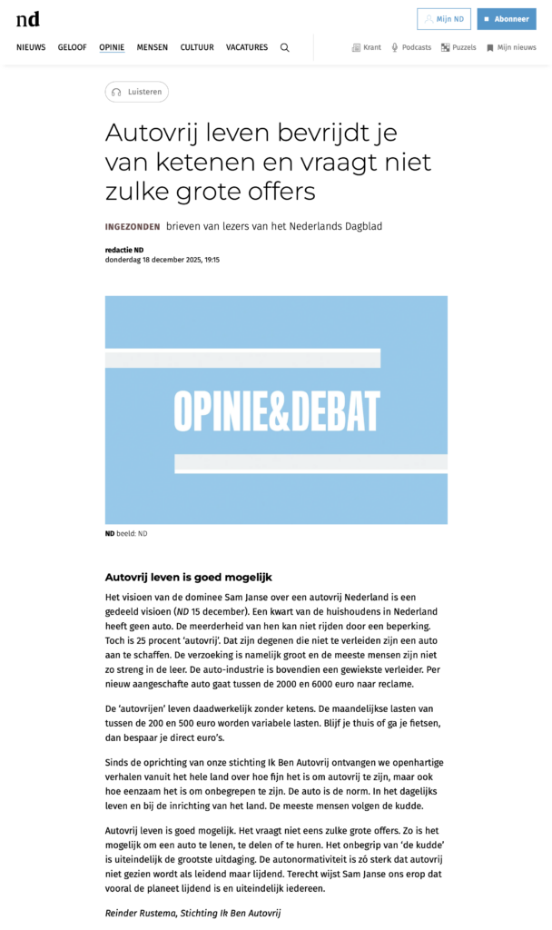 Schermafbeelding van lezersbrief in ND op 18 december 2025